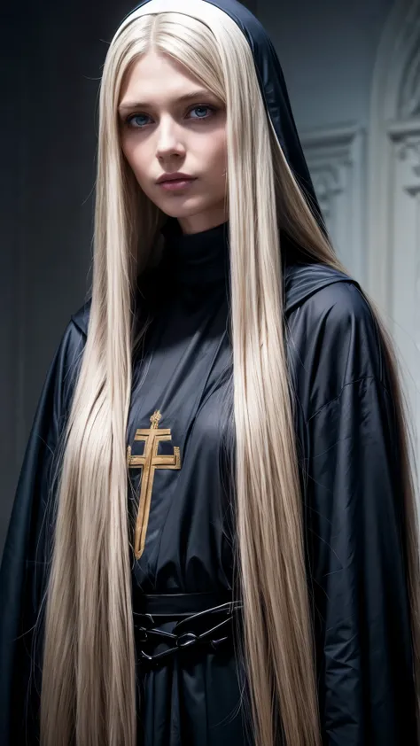 full body Pure blond straight hair, (long hair) (((straight hair))), Detailed hair, Blue Eyes, beautiful eyes, light on the face, pale skin, a 50 year old mysterious, dark, woman, nun, 