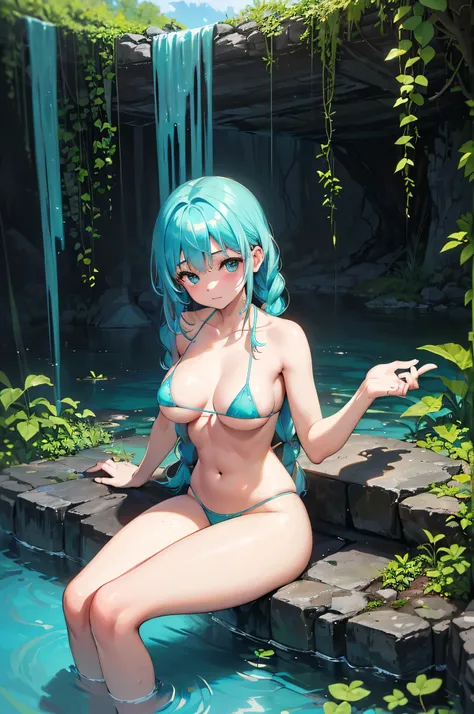 All realistic intricate details: "(medium shot, (1 girl view), Aqua COLOR hair, blush, measurements 91 60 90, (mischievous expression), sitting near a cenote, clavicle, arcane, Micro Bikini, twin braids, big breasts, open legs, covered nipples, dynamic pos...