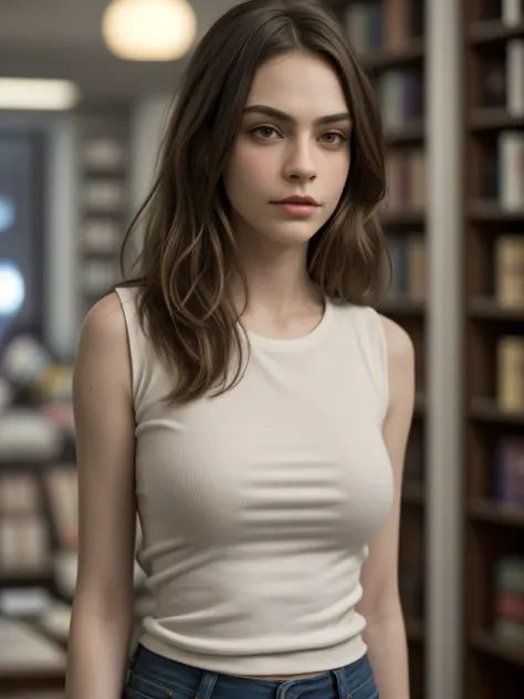 (Best quality, photorealistic, highres, reality, super realistic), Photo rendered by Unreal-engine 5.2, half body portrait, photo of a brunette girl who looking alike Cara Delevingne, wearing tee and vest, delicate face, (at book store), standing, looking ...