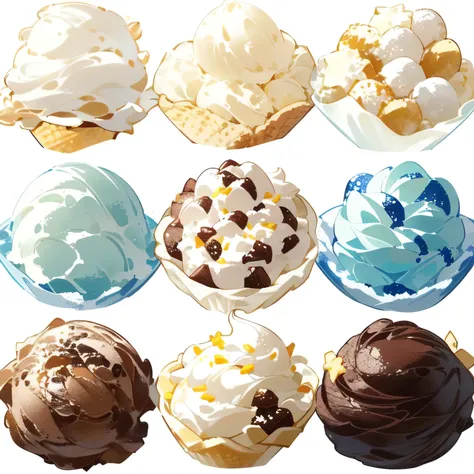 a close up of a group of different ice creams on a white surface, ice cream, ice cream cones, ice cream on the side, mountains of ice cream, eating ice cream, ice creamを食べること, Mr.々Color, ice cream cone, Sprinkles, Ralph Goings, change, Creamy, delicious, v...