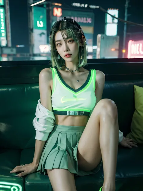 (((cyberpunk world))), (masterpiece, of the highest quality, Best Quality, Official art, Beautiful and aesthetic:1.2), (1 girl:1.4), 16 years old, super short cut hair, (green hair:1.4), (highly detailed:1.3), (Colorful:1.5), (mechanical modification:1.3),...