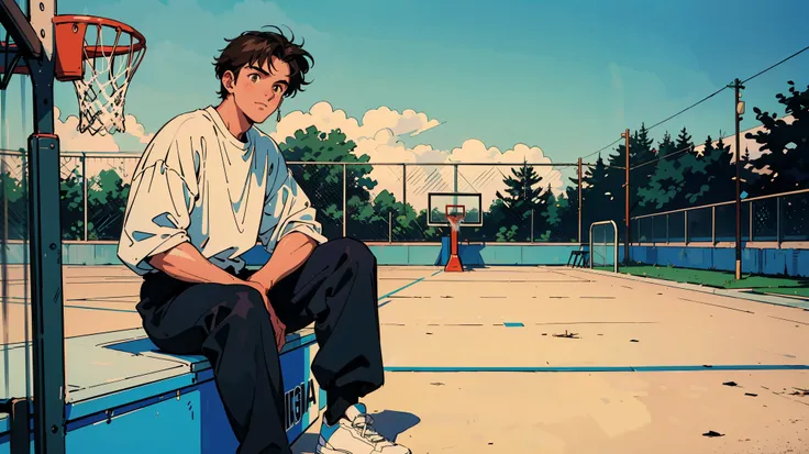 Top quality, 8K, 1980s style, handsome 18 year old boy, brown haired man, light brown eyes, healthy skin, in front of basketball goal, sitting on playground, wearing long pants, disheveled hair