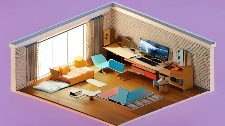 isometric bedroom, 3d, gaming setup