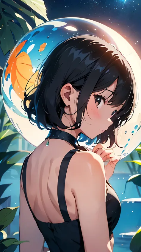 ,A short black-haired girl a little ways away,Back view, Lots of colorful bubbles,Lots of sparkling, A small universe inside a bubble, Crystals in the bubbles,plant,blue,Spend time at the beach,masterpiece,4K