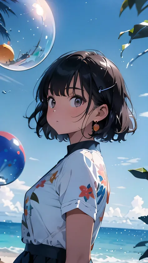 A composition looking up at the sky from below,Girl with short black hair，Back view,back, Lots of colorful bubbles，Lots of sparkling, A small universe inside a bubble, Crystals in the bubbles,plant，blue，Spend time at the beach，masterpiece，4K