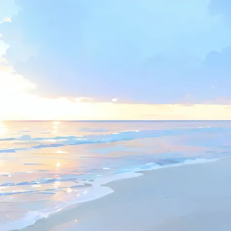 in the sunset、, quiet beach atmosphere, peaceful and serene, pastel sunset, pastel colored sunrise, calm and peaceful, beach aes...