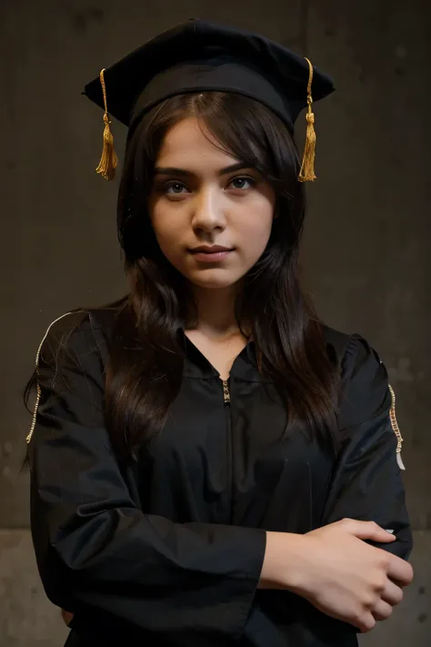 A graduate with her arms crossed and a black cap on her head