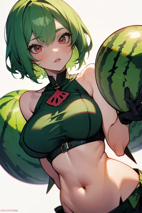 Girl, watermelon, short green hair, red eyes, watermelon costume, big breasts, exposed belly,