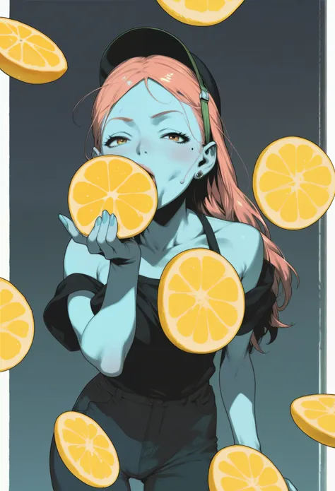 1girl, posing, micro bangs hair, insertion mouth lemon inserting a lemon in her mouth, sucking on lemon, bitter taste reaction face, object insertion, score_9, score_8_up, score_7_up, score_6_up, score_5_up, score_4_up, rating_explicit, rating_acceptable, ...