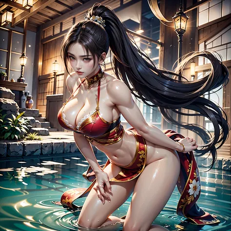 Beautifully、Realistic style、whole body、Mai Shiranui、beauty、Huge breasts、High Ponytail、Dance in the water、swimming pool、((8k+Ultra-high resolution+Ultra-high definition+masterpiece+Very detailed+Awards+The award-winning)),(Perfect face+Supermodel+Delicate s...