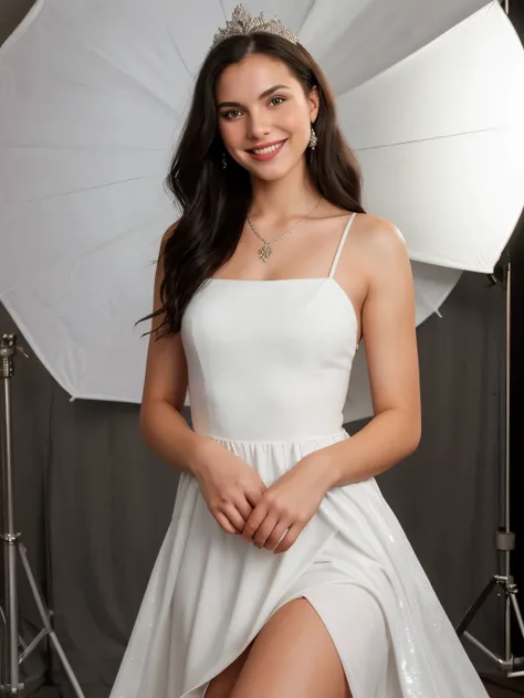 
Similar photorealistic photo of beautiful young Caucasian woman, realistic skin texture, long black wavy hair, slim, (smiling mouth:1.1), white dress, silver crown, studio lighting, legs studio portrait, 35 mm, perfect proportions, 2/3 body portrait