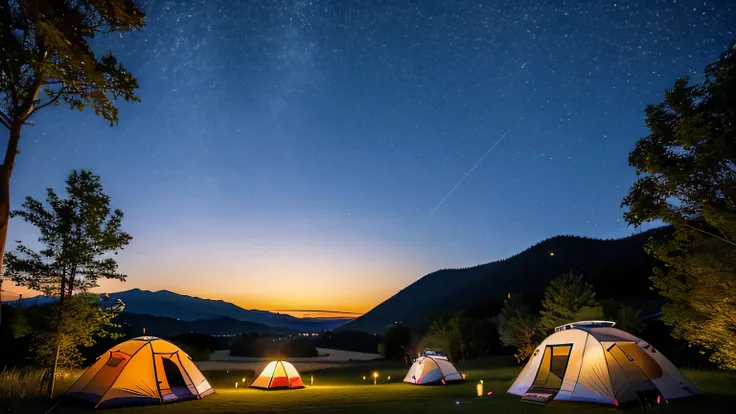 vista display：

in the center of the picture is an open wild camping site，surrounded by lush forests and quiet mountains，in the ...