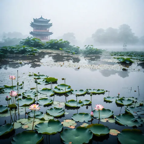 Minimalist photography，Minimalist photography，Minimalist composition，mist，Light Tone，Ancient buildings，Lotus，Lotus Leaf，Reflection，The ultimate in landscape photography，Award-winning work by international masters of photography，raw，8k，uhd，HD Photography，De...