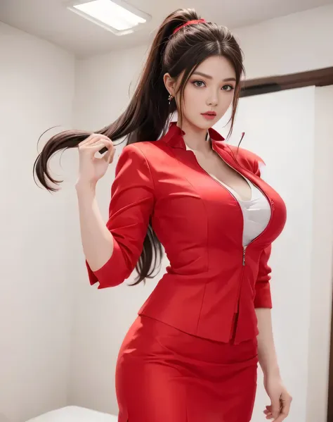 AirAsia red jacket uniform、Long hair down to the legs、Dark brown hair、Hair tied up、Tie your hair back in a ponytail、ponytail、Red rubber band、Luxury earrings、Captivating look、Blue Eyes、22 year old Asian female