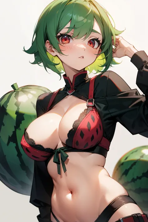 Girl, watermelon, short green hair, red eyes, big breasts, exposed belly,