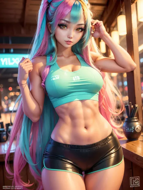 gal.safetensors, (Sexy tanned Asian woman, long hair, thicc hourglass figure, perfect eyeliner:1.2), (masterpiece:1.4, best quality), medium breasts, unity 8k wallpaper, ultra detailed, (pastel colors, in tiki bar, wearing gym shorts and colorful tank top:...