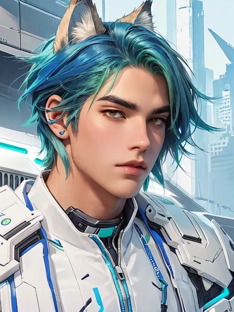 a boy with blue hair and green hair,  wolf ear, futuristic suit, light neon suit, alpha male