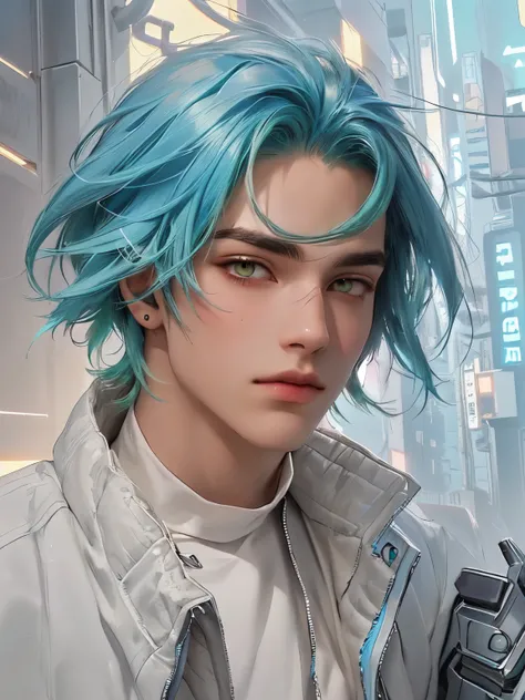 a boy with blue hair and green hair, blue hair, wolf ear, cyberpunk jacket, futuristic suit, light neon suit, glowing hazel eyes, majestic alpha male