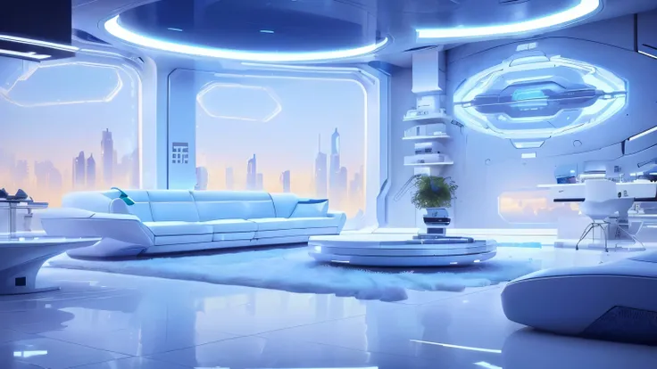 A brightly lit living room，There is a big window，Overlooking the city, Futuristic Room, Futuristic decorationation, Retro-futuristic apartment, in the style of futuristic的客厅, Futuristic Background, Futuristic decoration, Futuristic interior, Futuristic Aes...