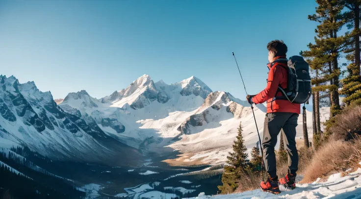 background：

A natural environment of forests and mountains。
There is a sun in the distant sky。
hiker：

Standing on a mountain trail，Wearing professional mountaineering equipment，Carrying a backpack。
Handheld high-end trekking poles。
Smart trekking pole：

...