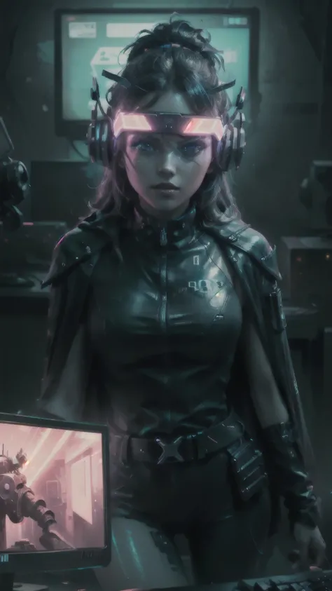 ((best quality)), ((masterpiece)), (Very detailed:1.3), 3D,neon black, Beautiful cyberpunk woman,(Wearing a heavy, high-tech head-mounted display:1.2),Wearing a cape,Hack into a computer terminal,Purple neon light from monitor, green neon light on wall,