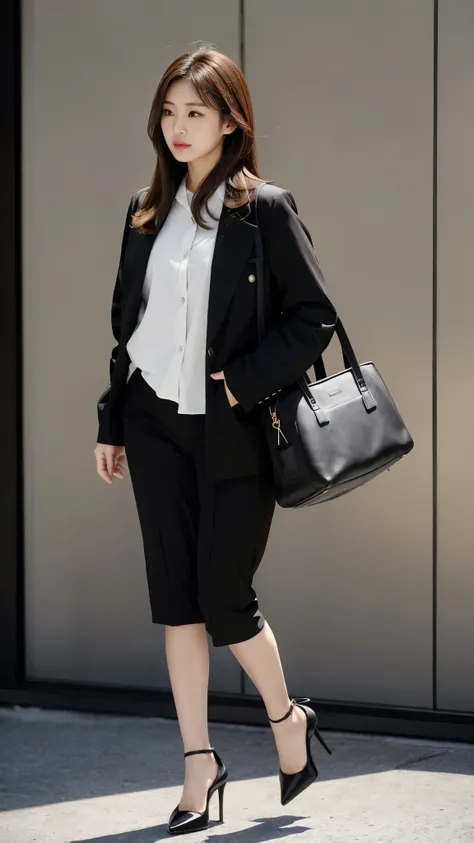 Wearing a black jacket and white shirt、Japanese women leaving the nest，Wearing a black emi-long hair:1.3), (Light brown hair:1.3), high waist，Wearing high heels，The background is gray，Full Body