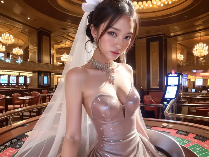 in casino, Any posture, (极其精致beautiful作品), (masterpiece), 1 Girl, girl in silver dress, Very detailed, waist leaking, Ponytail Transformation, charming的外表;;, Beautiful clear eyes, green eye pupils, Exquisite necklace, Delicate earrings, Angel ears, Simple ...