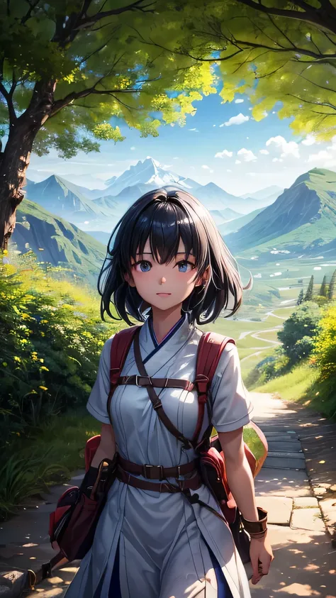 The asian woman Anya wearing Modern outfit exploring and backpacking stands at the edge of the village, gazing back at the towering mountains. Sunlight bathes the scene in a warm glow. A determined look fills her eyes, with a hint of a smile. A gentle bree...