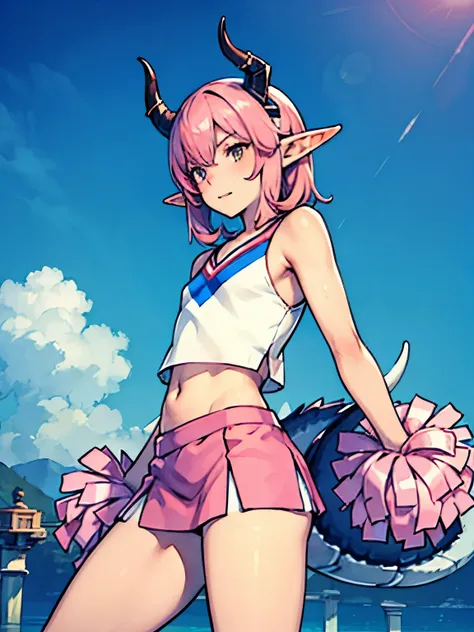 One male femboy with dragon horns and tail pink hair and elf ears dressed as a cheerleader