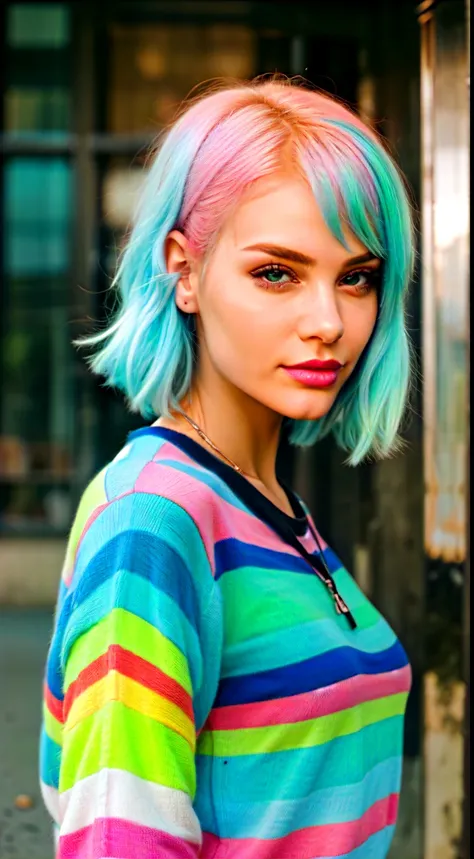 Realistic face portrait of an e-girl woman in urban environment. She has a confident attitude, Staring straight at the camera、A faint smile on her pink painted lips. Her hair is dyed pink and blue., In punk and modern style. She&#39;s wearing a black and w...