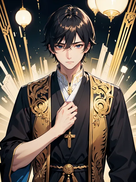 first-class、high resolution、high contrast、 (best illumination、very delicate and beautiful)、One young man、male、A man wearing a black hoodie、The face is hidden、suspicious、Less exposure、whole body、Are standing、Priest wearing gorgeous ceremonial clothes、anime ...