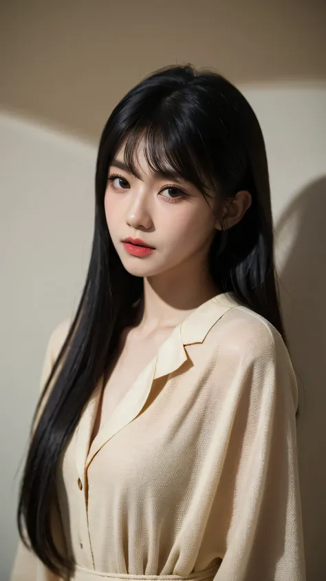 (Very fine eye), (((Fabric Shading))), (((highest quality))), (((masterpiece))) Bullish girl, (((Realistic))), Black Hair, Black Hair, Black Hair, Black Hair, chic hairstyle, ((Straight medium bob, nice hair)), Light makeup,Red eyes, I'm not wearing li...