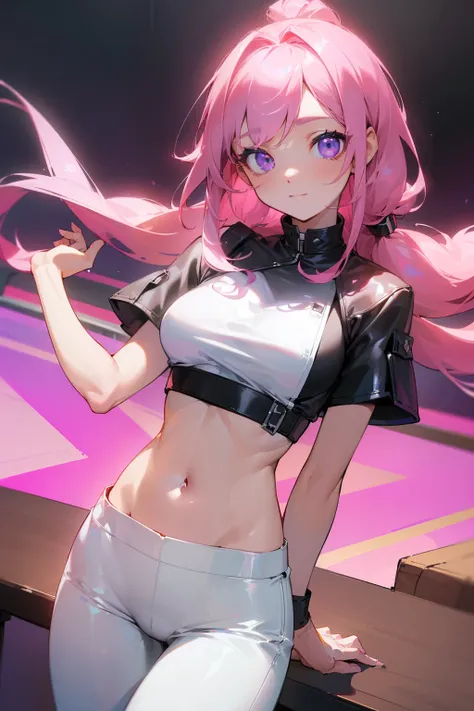 ((Of the highest quality, 8K, Tabletop:1.3)), Single, really、1 girl、Pink hair、Hair length、Small black bar、Violet eye、Bright eyes、(Big, full breasts)、White t-shirt, Crop top, 、Leather pants、Low angles、Interface、Enjoy、Hands on buttocks