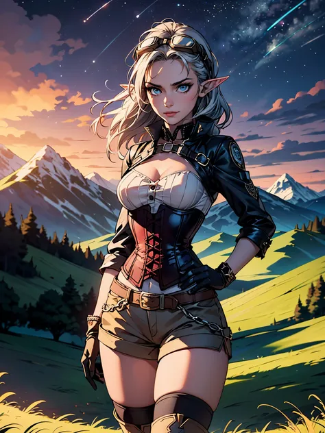 masterpiece, high quality, 1_woman, ((upper body)), ((hand on hip)), standing, (exotic skin_complexion:1.4), mature, (looking away from the viewer), (pouting face), tall, beautiful, exotic, with long elf ears, long hair, silver hair, detailed face, having ...