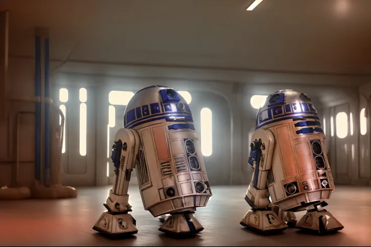 grupo de R2-D2 Wallpaper inside an inpolvorial sci-fi corridor, 4k, high resolution, volumetric lighting, beautiful lighting, polvo, destello de lente, suciedad e imperfecciones