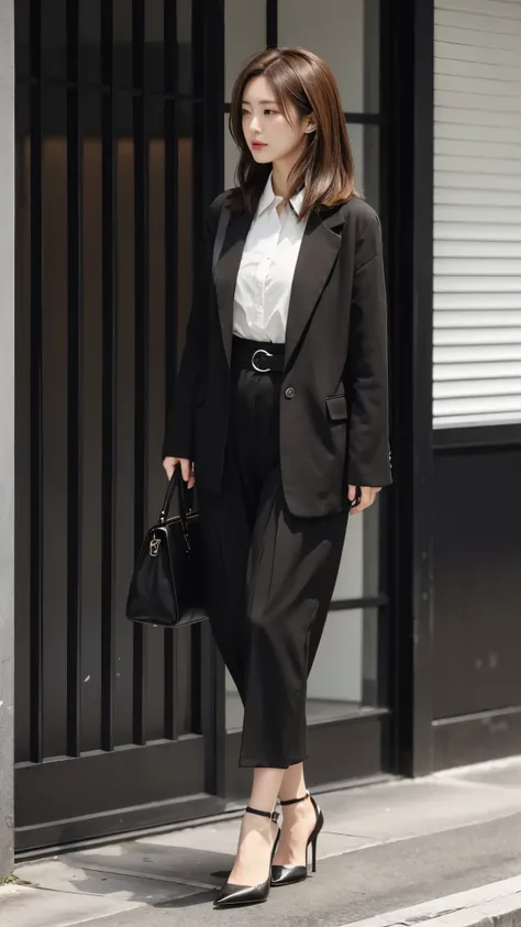 Wearing a black jacket and white shirt、Japanese women leaving the nest，Wearing a black emi-long hair:1.3), (Light brown hair:1.3), high waist，Wearing high heels，The background is gray，Full Body