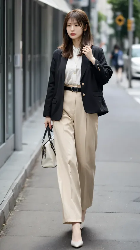 Wearing a black jacket and white shirt、Japanese women leaving the nest，Wearing a black emi-long hair:1.3), (Light brown hair:1.3), high waist，Wearing high heels，The background is gray，Full Body