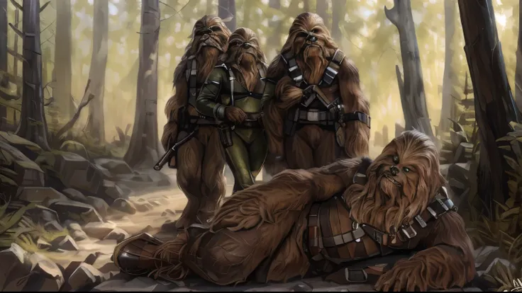 ((three tall, strong male wookies in green tights and a utility belt)), pistolera del muslo, bandoleer, correas de cuero, tactic...