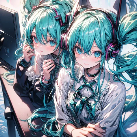 Hatsune Miku, cute, beautiful, 1 anime girl, headphones, Gaming PC, Shy, (best quality, 8k, masterpiece, detailed)