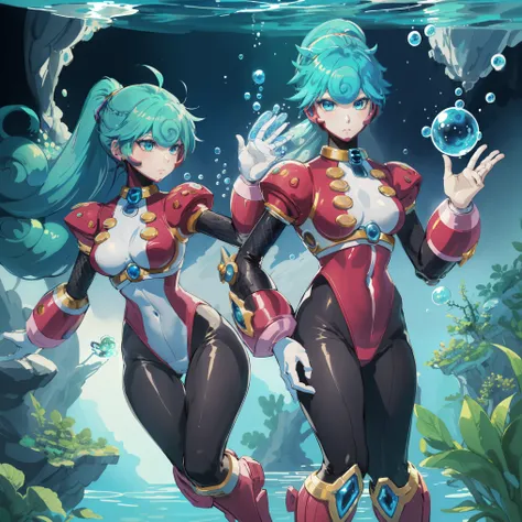 marino_megamanx, 1girl, green hair, blue eyes, ponytail, detailed face, breasts, high quality, masterpiece, standing in an underwater city with lots of bubbles, in the style of yuumei, intricate architectures, indigo, miniature illumination, daniel f. gerh...