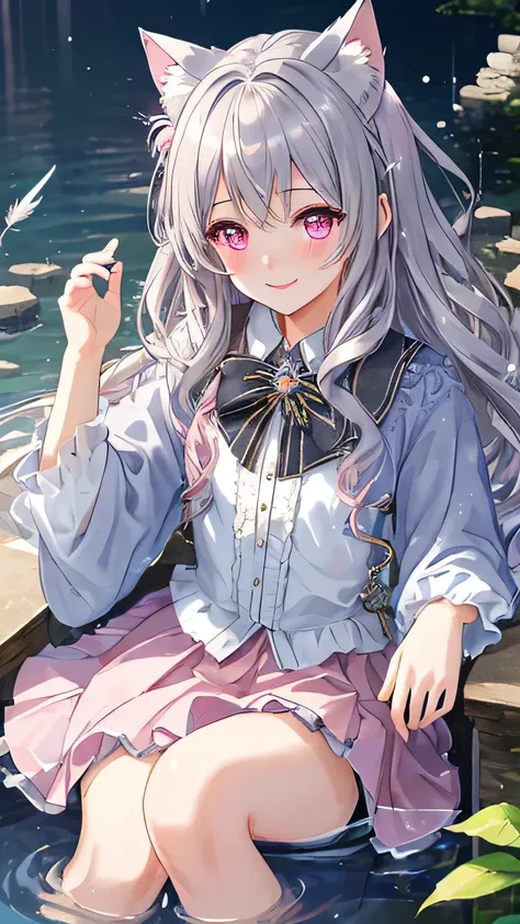 masterpiece,highest quality,Highly detailed face, water effects、Light effects、Feather Effect,Highlighted eyes, Medium chest,pretty girl,smile,Embarrassed,Cat ear,Beautiful silver hair,Pink inside,Beautiful pink eyes,skirt,