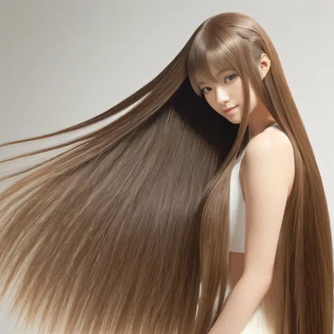 ((Sexy sway back stance:1.2)) 1 female ((Beautiful 24 year old hair model with long light brown hair fell straight down Reaches up to the kneeVery long hair highest quality Highest detail Reaches up to the knee、Very long hair that lasts forever:1.3 Flowing...