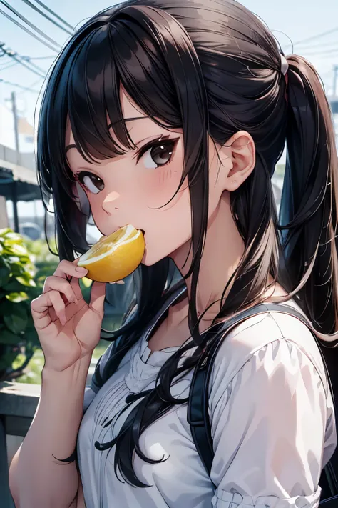 One girl, Eating lemon, sour look, 