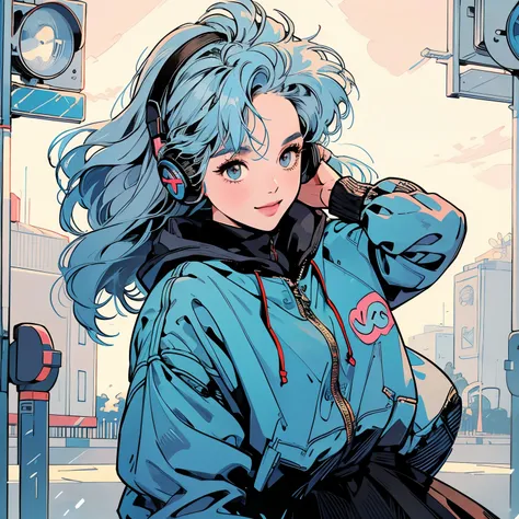 whole body、Kind Face、1 pretty woman、Hoodie with hood、skirt、pedestrian crossing、Signal 、intersection、Complex background、Detailed Hair、smile、Light blue hair、Faint lighting、Wearing headphones、There is movement