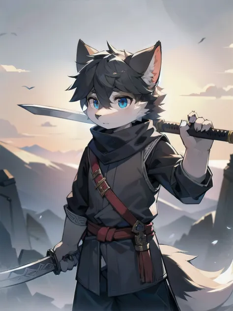 wolf，juvenile，male，gray-black fur，sky blue eyes，ancient style combat uniform，scarf，holding a long sword，on the back of the scabb...