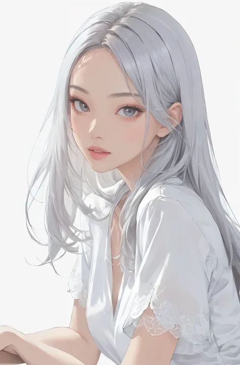 Best AI is absurd、1 beautiful girl、Pure、Big round eyes、shine、１By people、Realistic、lips、Tabletop、highest quality、Excellent anatomy、Skin Texture、White Background、Small breasts、White Formal Blouse、satin、Ultra delicate、Glitter、de luz、Gray Hair、Long Hair、Respec...