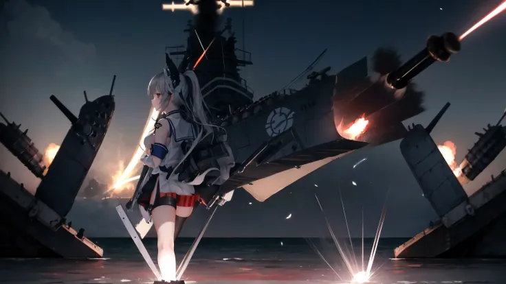 Very cute battleship girl,Azur Lane、fleet this ship this、 black hair、Weapon equipment、All missiles launched、