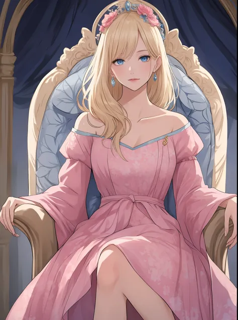 a beauitiful blonde woman, fair skin, blue eyes, in a pink floral dress, sitting on a throne