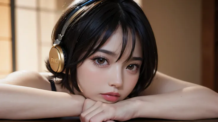 (masterpiece:1.3), (8k, Realistic, RAW Photos, highest quality: 1.4), (One girl), Beautiful Face, (Realistic Face), (Black Hair, short hair:1.3), Listen to music through headphones、colorful、Beautiful Hairstyles, Realistic eyes, Beautiful fine details, (Rea...