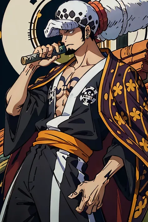 Trafalgar D. Water Law from One Piece. Alone, Male, best quality, high quality, high resolution, prefect face, high quality face, perfect hands, warm colors, masterpiece
1. **Height and Build**: Law is tall and lean with a muscular build.
2. **Hair**: He...